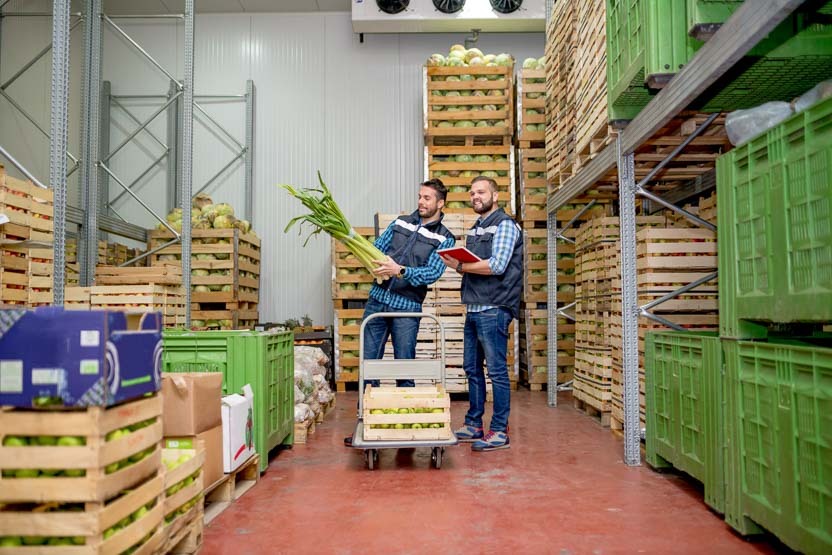 Las cajas de madera y cajas de plástico perforadas proporcionan la ventilación necesaria para verduras y frutas.